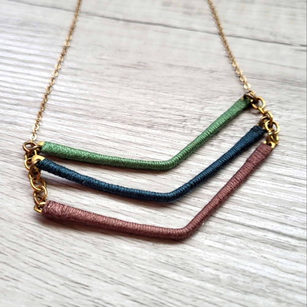 Geometric V Multicolor Necklace w/ gold chain woven wrapped thread 13" length
